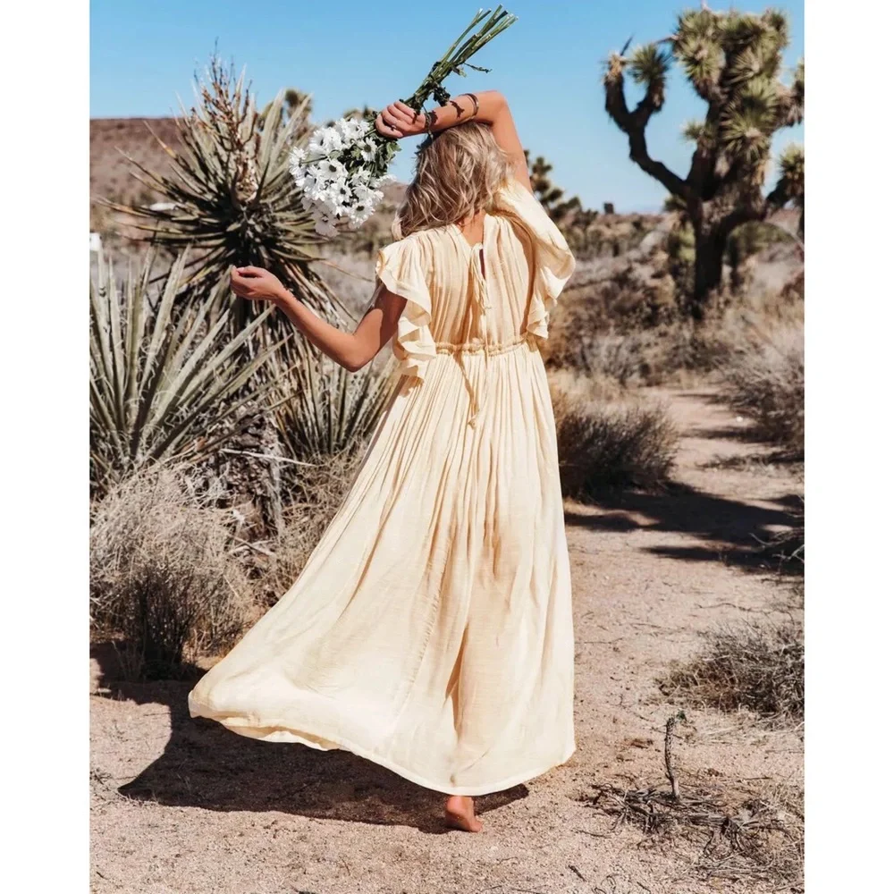 SOLD OUT Cream Gauze Boho Raw Hem Button Maxi Dress - Picture 9 of 11